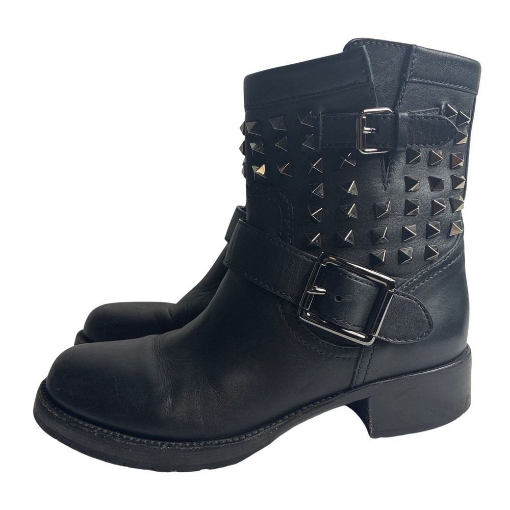 Valentino Garavani Noir Rockstud Leather Moto Boots Black Studded VSF 307 36 - Picture 4 of 10